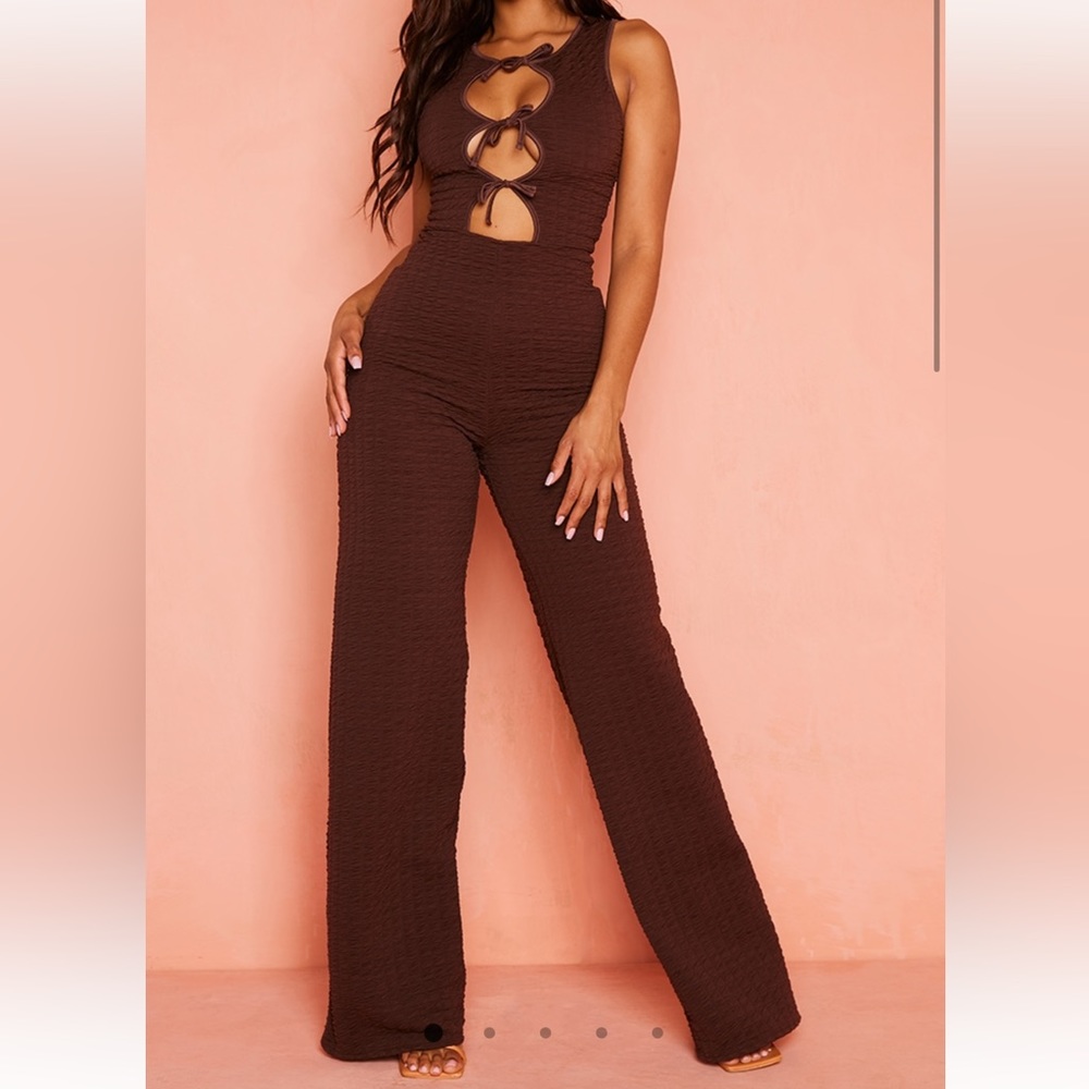 PrettyLittleThing Crinkle Brown Triple Keyhole Wide Leg Jumpsuit
